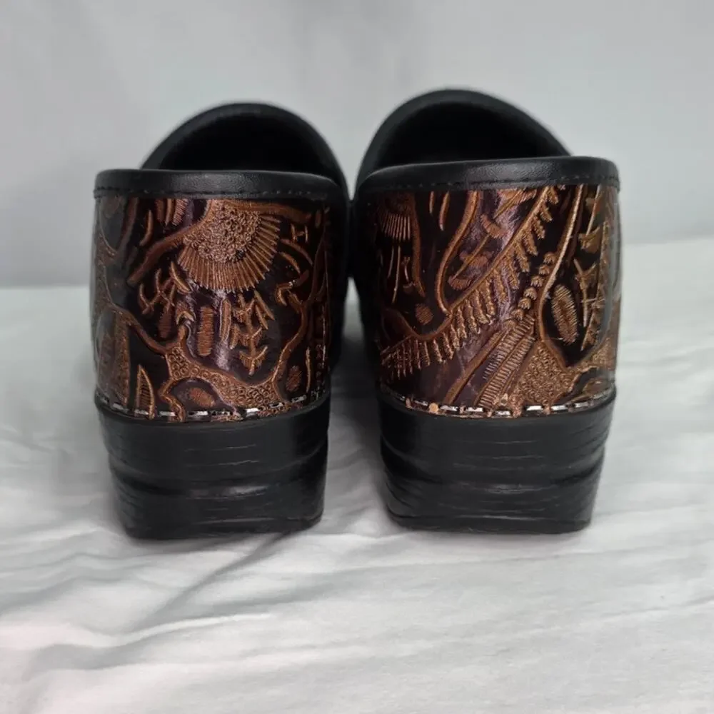 Dansko Brown Tooled Leather Clogs Floral Embossed Slip On Shoes Womens 10.5/11
